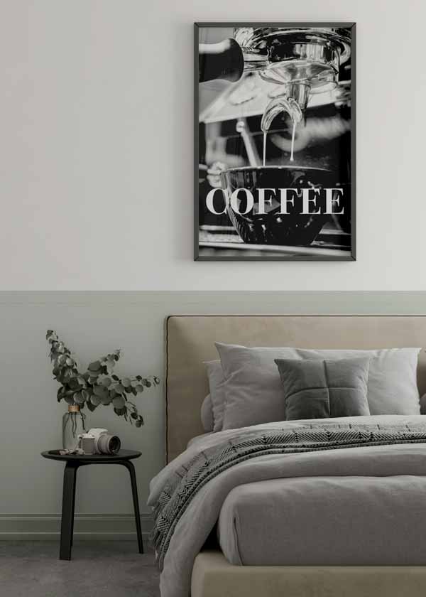 decoración con cuadros, ideas - lámina decorativa fotográfica en blanco y negro de café y cafetera - kuadro