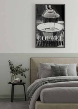 decoración con cuadros, ideas - lámina decorativa fotográfica en blanco y negro de café y cafetera - kuadro