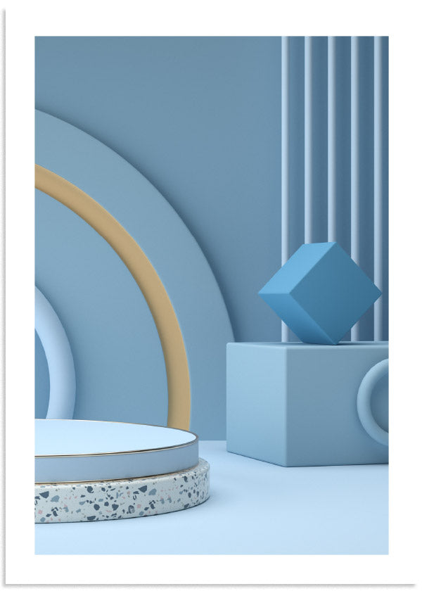 cuadro 3D con objetos en todos azules y cerámicos moderno. Lámina decorativa.