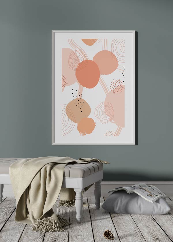 Decoración con cuadros, ideas -  cuadro abstracto con tonos coral y naranjas sobre fondo blanco. Lámina decorativa.