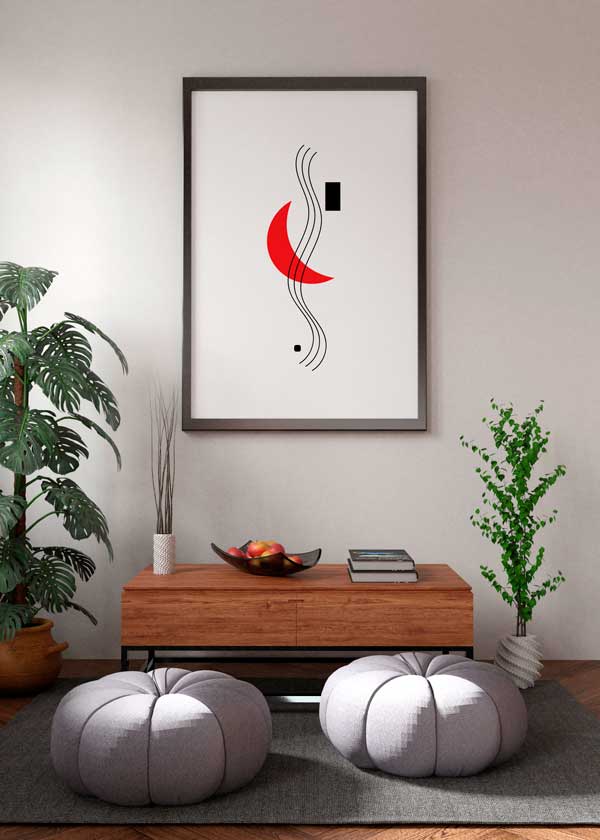 Decoración con cuadros, ideas -  cuadro minimalista y abstracto con luna en colores negro, blanco y rojo. Lámina decorativa.
