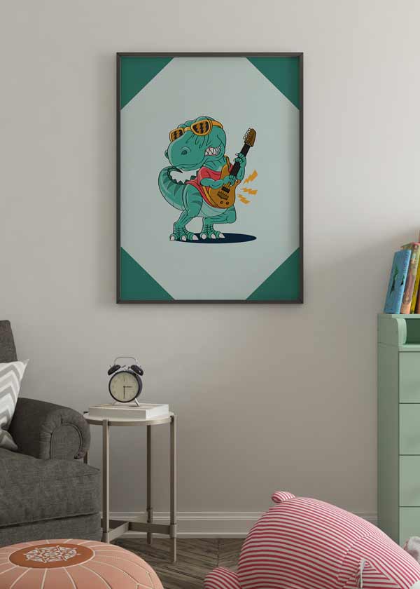Decoración con cuadros, ideas -  cuadro infantil de dinosaurio rockero en colores verdes. Lámina decorativa infantil de dinosaurio.