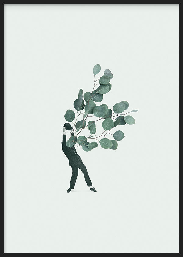 cuadro lámina decorativa collage de hombre y plantas fondo verde, vintage - kuadro