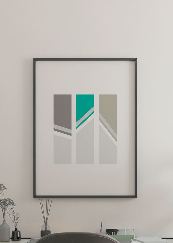 Decoración con cuadros, ideas -  cuadro geométrico con figuras rectangulares en colores gris y verde. Cuadro nórdico minimalista y geométrico. Lámina decorativa.