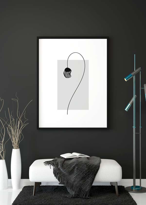 Decoración con cuadros, ideas -  cuadro de flor minimalista y moderno en blanco y negro. Ilustración de flor moderna. Lámina decorativa.