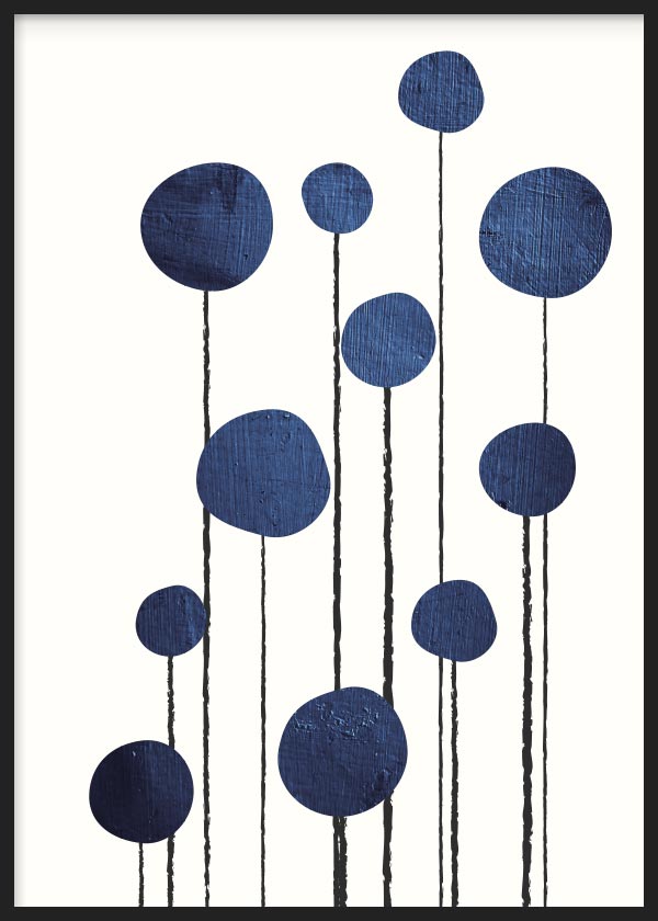 cuadro para lámina decorativa abstracta de flores azules. Ilustración abstracta de flores. Marco negro