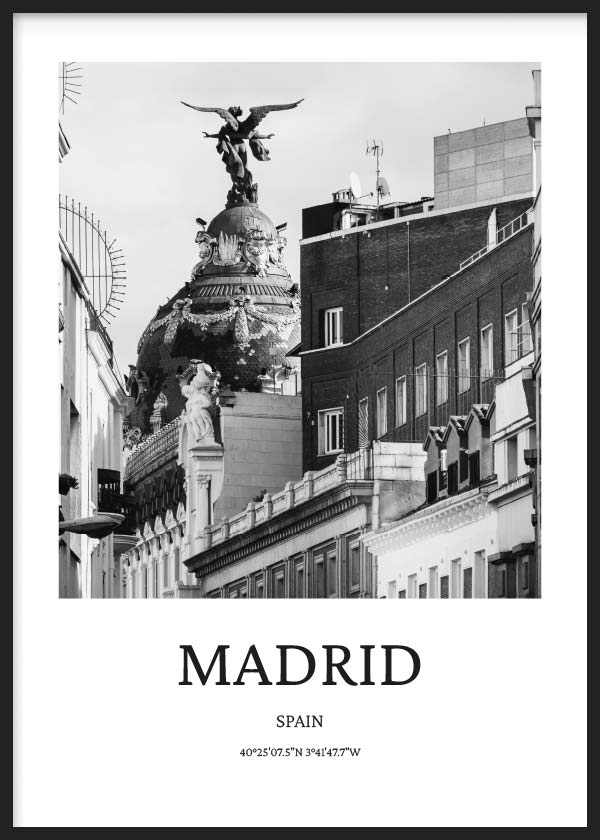 lámina para cuadro ciudad de Madrid. Lámina decorativa de Madrid en blanco y negro.