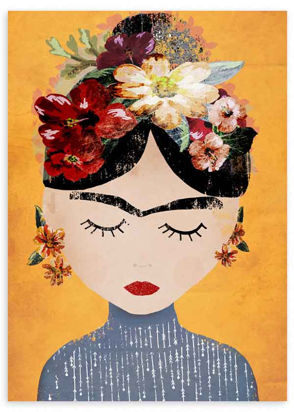 lámina decorativa de mujer Frida Kalho con flores - kuadro