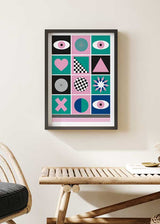 decoración con cuadros, ideas - lámina decorativa de ilustración colorida y geométrica en colores rosa y azules - kuadro
