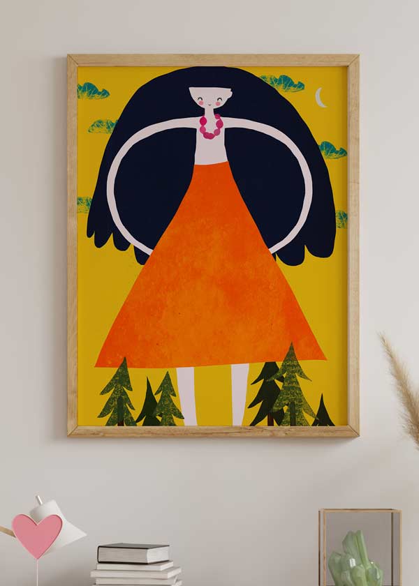 decoración con cuadros, ideas - lámina decorativa infantil y colorida de ilustración de niña con pelo largo - kuadro
