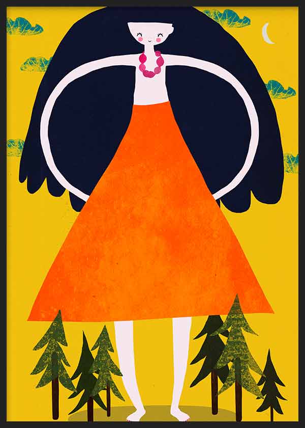 cuadro lámina decorativa infantil y colorida de ilustración de niña con pelo largo - kuadro