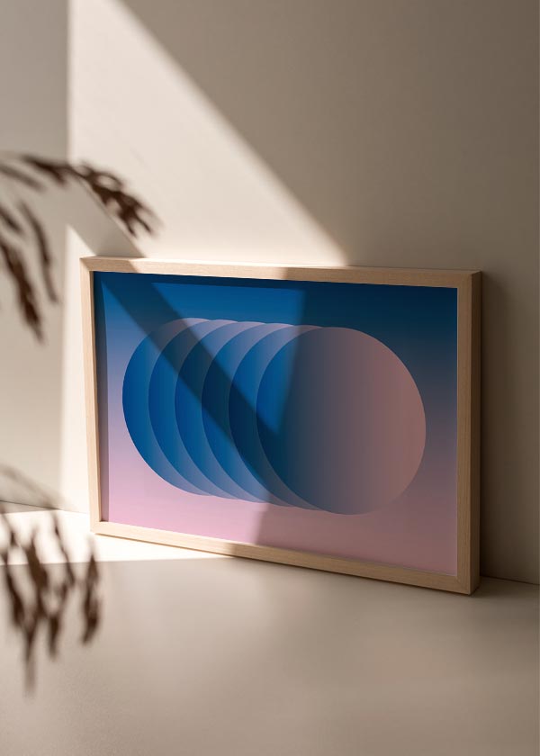 decoración con cuadros, ideas - lámina decorativa horizontal de ilustración colorida y geométrica con círculos y gradiente en azul y morado - kuadro