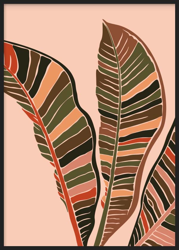 cuadro para lámina decorativa de ilustración de hojas en colores cálidos y beige - marco negro