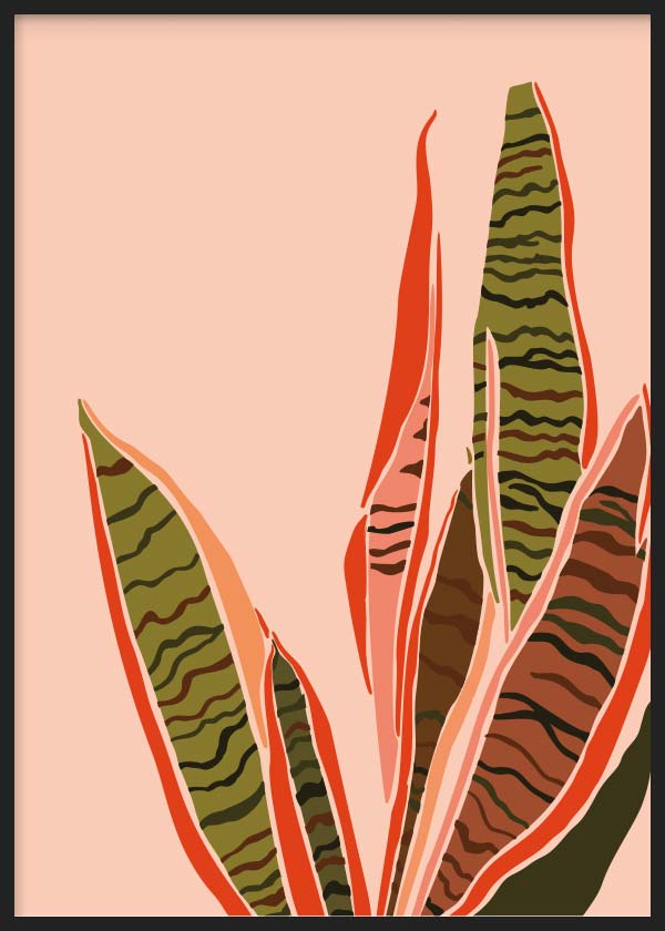 cuadro para lámina decorativa de ilustración de hojas en tonos beige y pastel. Marco negro