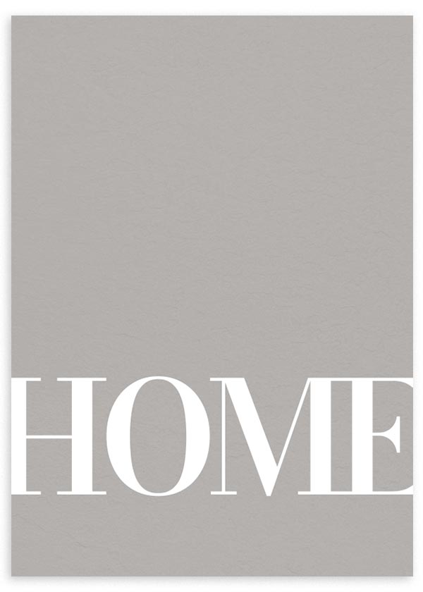 lámina decorativa nórdica y minimalista con palabra "home" y fondo grisáceo