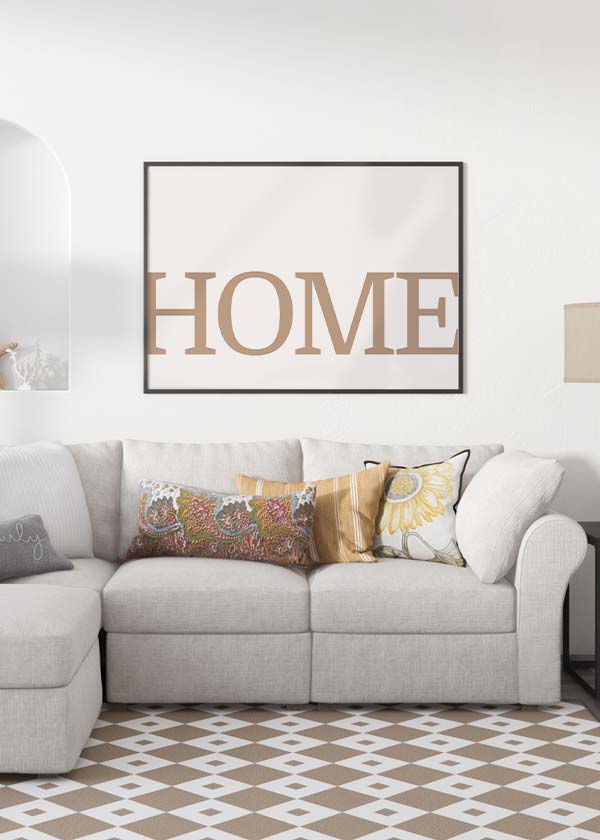 Decoración con cuadros, ideas -  lámina decorativa con la palabra Home en tonos tierra, cuadro panorámico