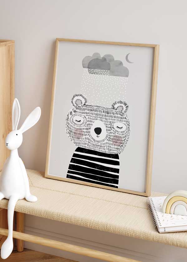 decoración con cuadros, ideas - lámina decorativa infantil de ilustración de oso panda, fondo gris - kuadro