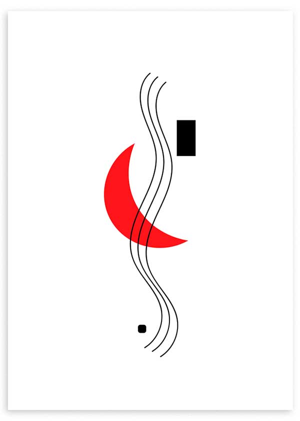 lámina decorativa de ilustración minimalista, geométrica y abstracta con líneas y luna roja