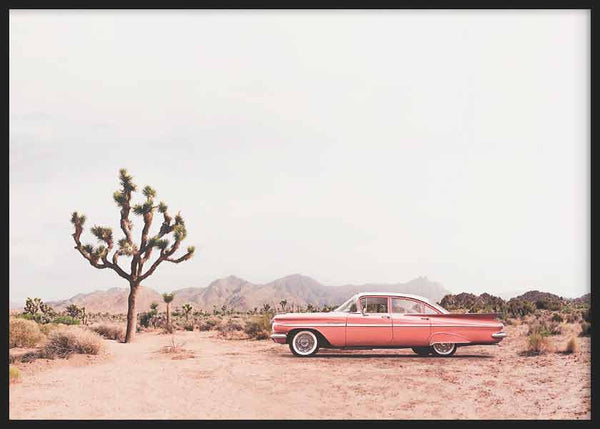 cuadro lámina decorativa horizontal de fotografía de coche rojo en el desierto - kuadro