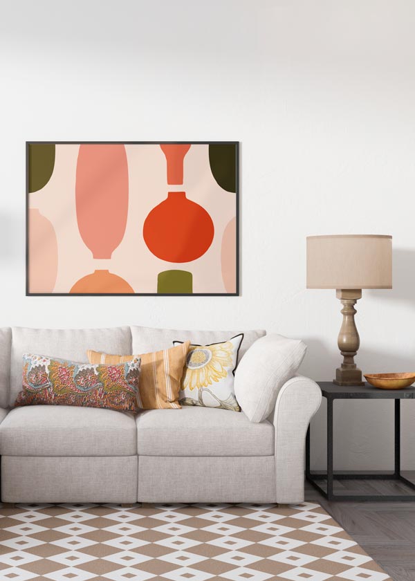 Decoración con cuadros, ideas -  Lámina decorativa abstracta e ilustrada de jarrones en tonos beige, rojos y verdes