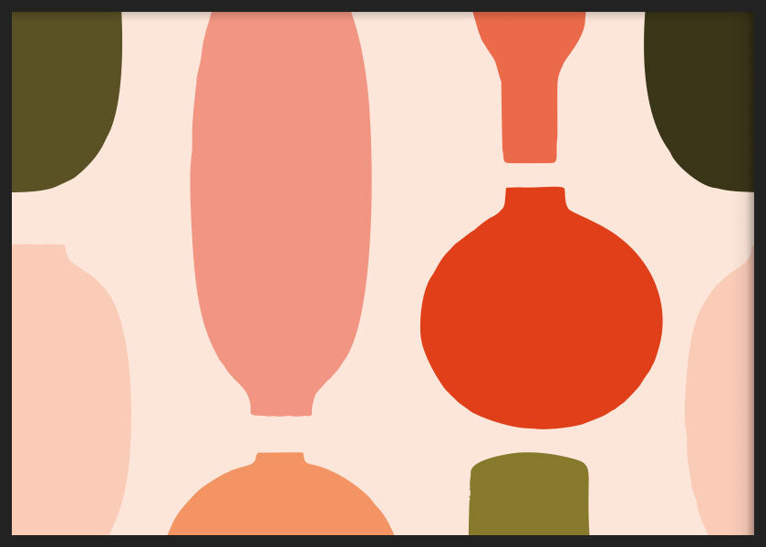 cuadro para Lámina decorativa abstracta e ilustrada de jarrones en tonos beige, rojos y verdes. Marco negro