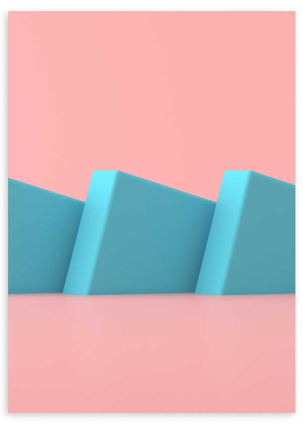 cuadro 3D con objetos cuadrados en colores azul y rosa pastel. Lámina decorativa.