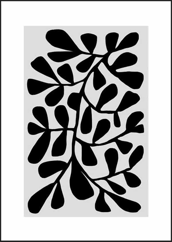 cuadro para lámina decorativa abstracta de flor en blanco, negro y gris - ilustración abstracta de flor. marco negro