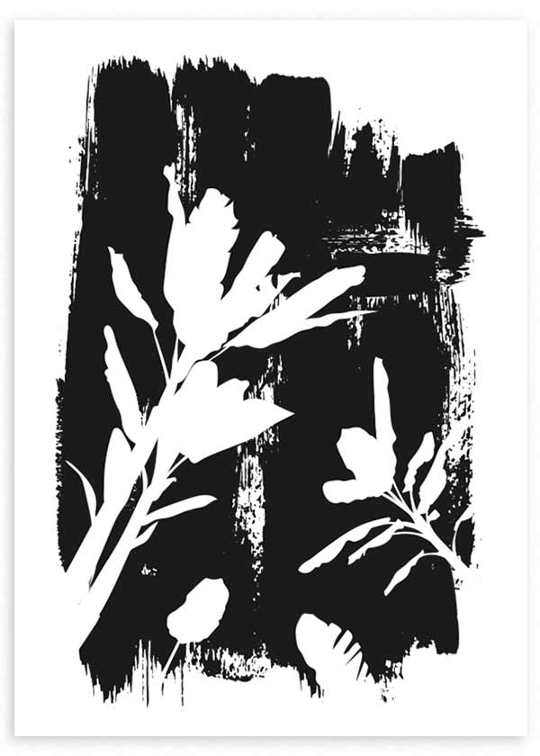 cuadro de flores sobre fondo negro pintado en brocha gruesa y trasfondo blanco. Lámina decorativa.