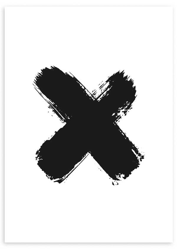cuadro con X escrita con brocha gruesa en negra y fondo blanco. Lámina decorativa.
