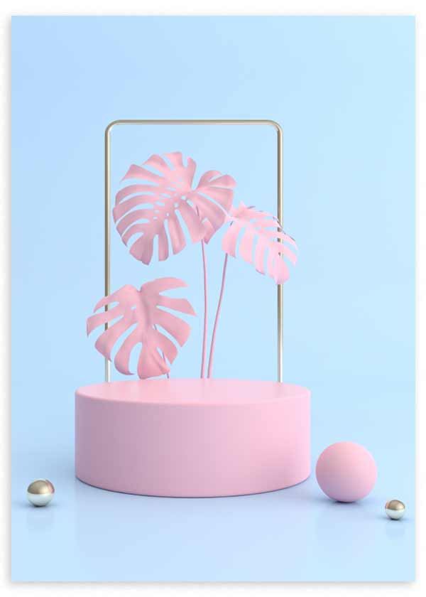 cuadro 3D con flor en color rosa pastel y fondo azul pastel. Lámina decorativa.