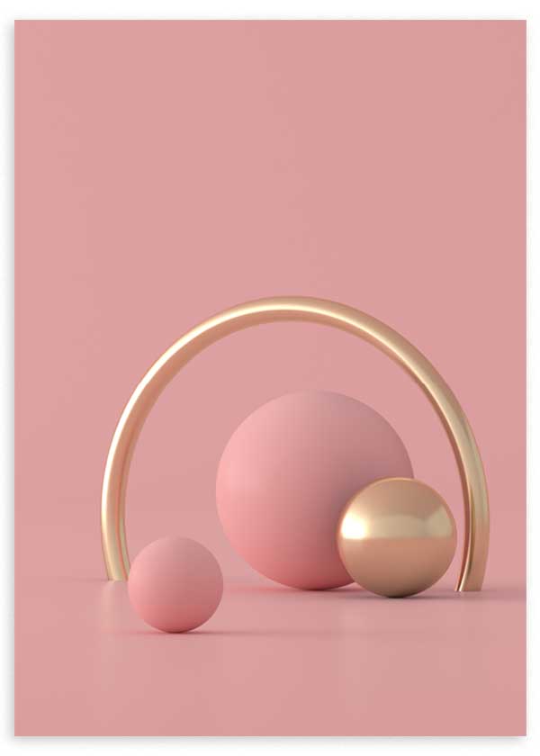 cuadro 3D con semianillo y esferas en colores oro y tonos rosa pastel. Lámina decorativa.