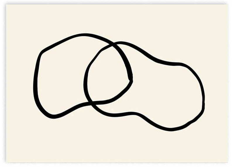Cuadro horizontal abstracto de ilustración artística con formas en trazo negro y fondo beige.