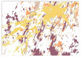 Cuadro horizontal abstracto de pinceladas en tonos cálidos: amarillo, tierra, morado y naranja. 