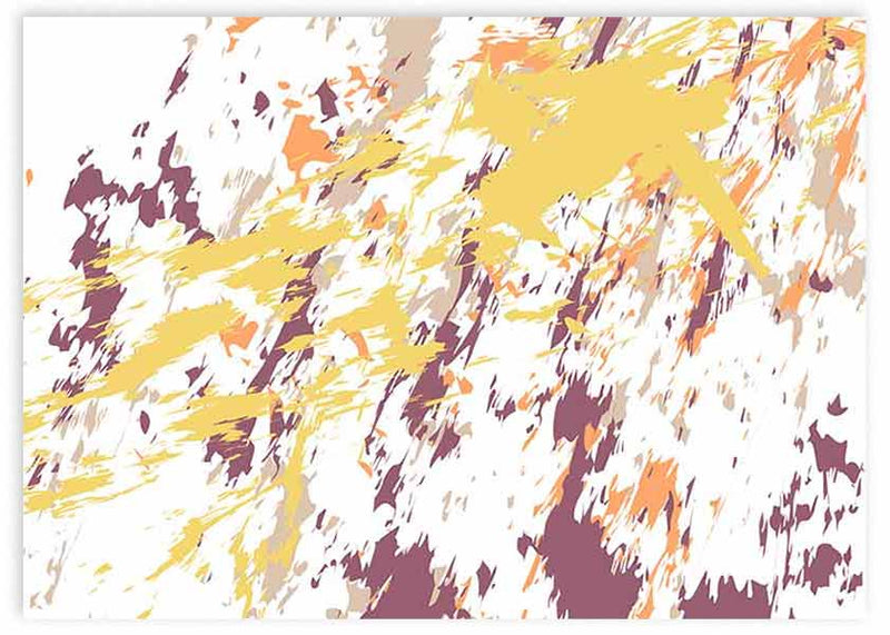 Cuadro horizontal abstracto de pinceladas en tonos cálidos: amarillo, tierra, morado y naranja. 