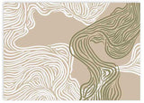 Cuadro horizontal de ilustración abstracta de trazos en blanco y verde sobre fondo beige oscuro. Una obra alegre de la colección de Laras.