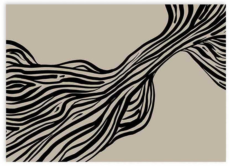 Cuadro horizontal de ilustración abstracta de trazos en negro sobre fondo marrón verdoso. Una obra alegre de la colección de Laras.