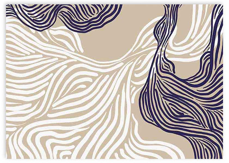 Cuadro horizontal de ilustración abstracta de trazos en blanco y azul sobre fondo beige oscuro. Una obra alegre de la colección de Laras.