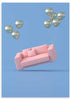 cuadro 3D con sofá y globos en colores rosa pastel, oro y azul cielo. Lámina decorativa.