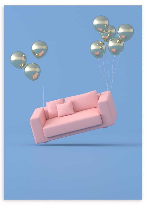 cuadro 3D con sofá y globos en colores rosa pastel, oro y azul cielo. Lámina decorativa.