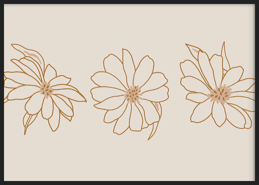 cuadro apaisado para lámina decorativa de ilustración floral en color beige, tres flores. Marco negro