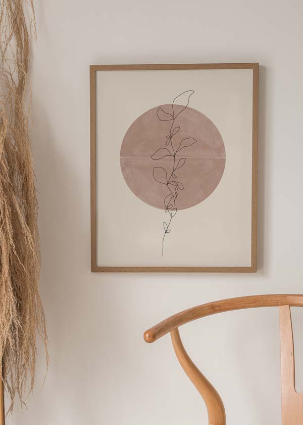 decoración con cuadros, ideas - lámina decorativa de ilustración de flor con círculo marrón de fondo, estilo nórdico - kuadro