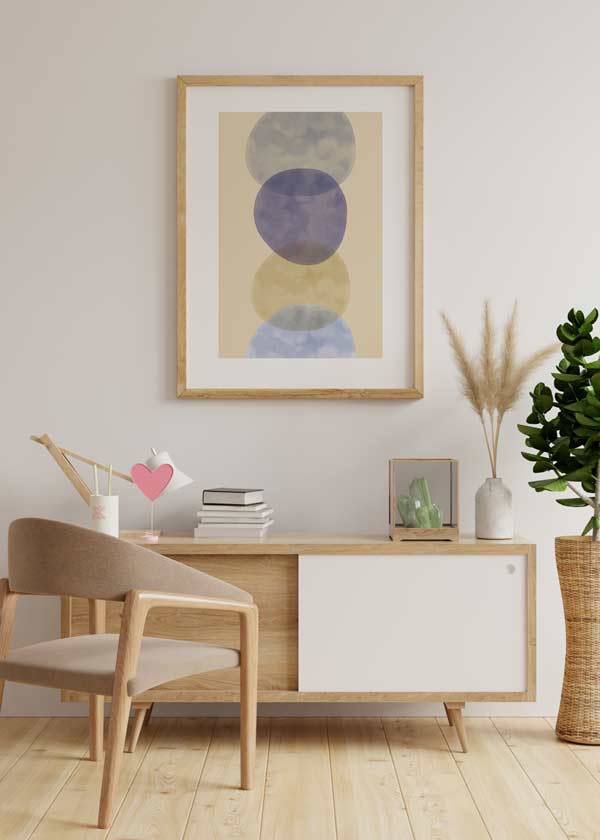 Decoración con cuadros, ideas -  cuadro abstracto con figuras circulares en colores malva y naranja. Lámina decorativa abstracta con círculos.