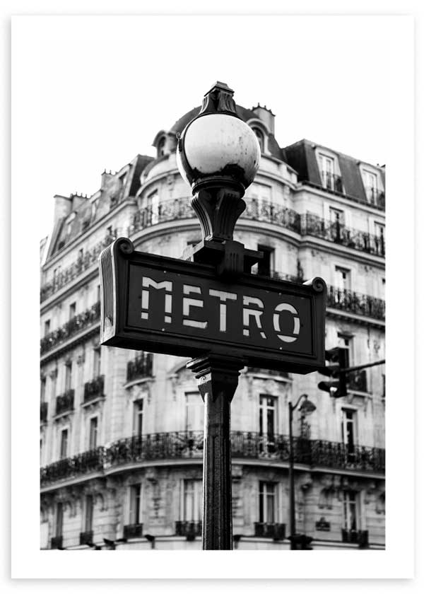 lámina decorativa de foto de señal de metro en París en blanco y negro