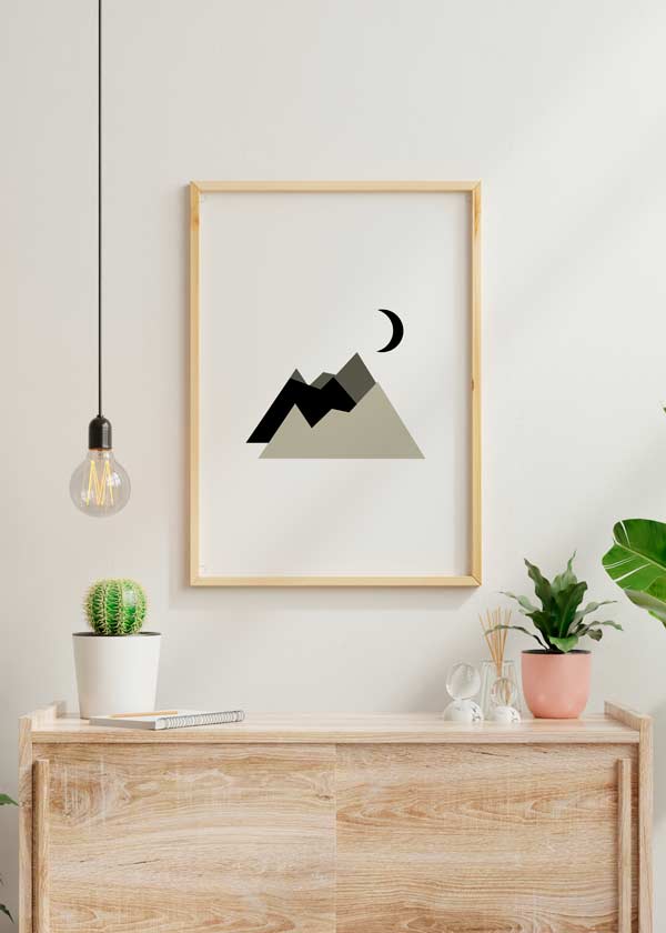Decoración con cuadros, ideas -  cuadro de montaña minimalista en blanco y negro. Detalle de luna. Cuadro nórdico.. Lámina decorativa.
