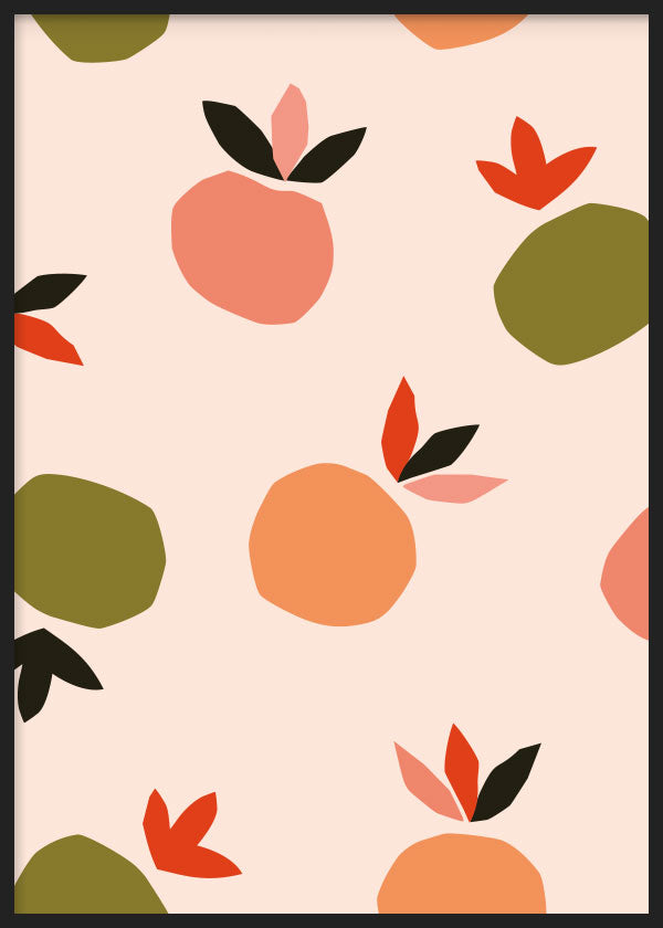 cuadro para Lámina decorativa de naranjas en varios colores. Ilustración y colorido.. Marco negro