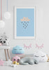 Decoración con cuadros, ideas -  cuadro infantil de nube lloviendo corazones en colores azul y marrón. Lámina decorativa infantil alegre.