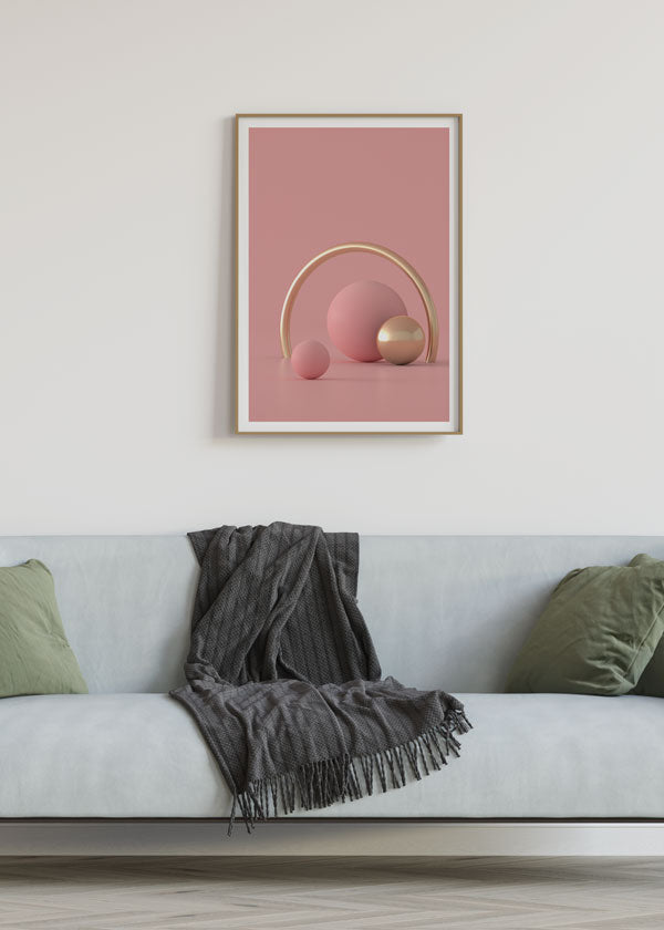 Decoración con cuadros, ideas -  cuadro 3D con semianillo y esferas en colores oro y tonos rosa pastel. Lámina decorativa.