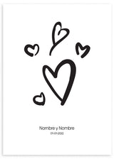 cuadro personalizado para parejas con ilustración de corazones en blanco y negro