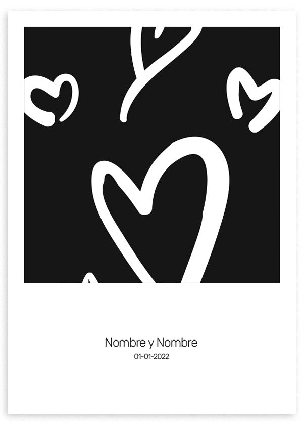 cuadro personalizado para parejas con ilustración de corazones. Nombres y fechas personalizables. Cuadro blanco y negro.