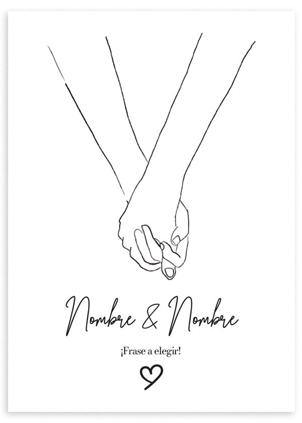 cuadro personalizado para parejas o amistades con manos entrelazada. Blanco y negro y minimalista.